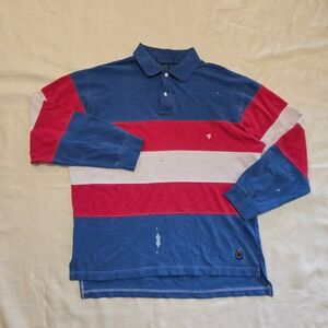 VTG Knights Of Columbus Rugby Shirt L Blu Red Distressed Colorblock Crest Stripe
